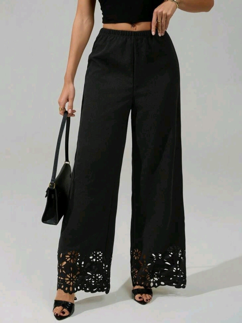 Woman Pull-On Dress Pants Scallop Laser Cut Bottom Black Size L High Waisted